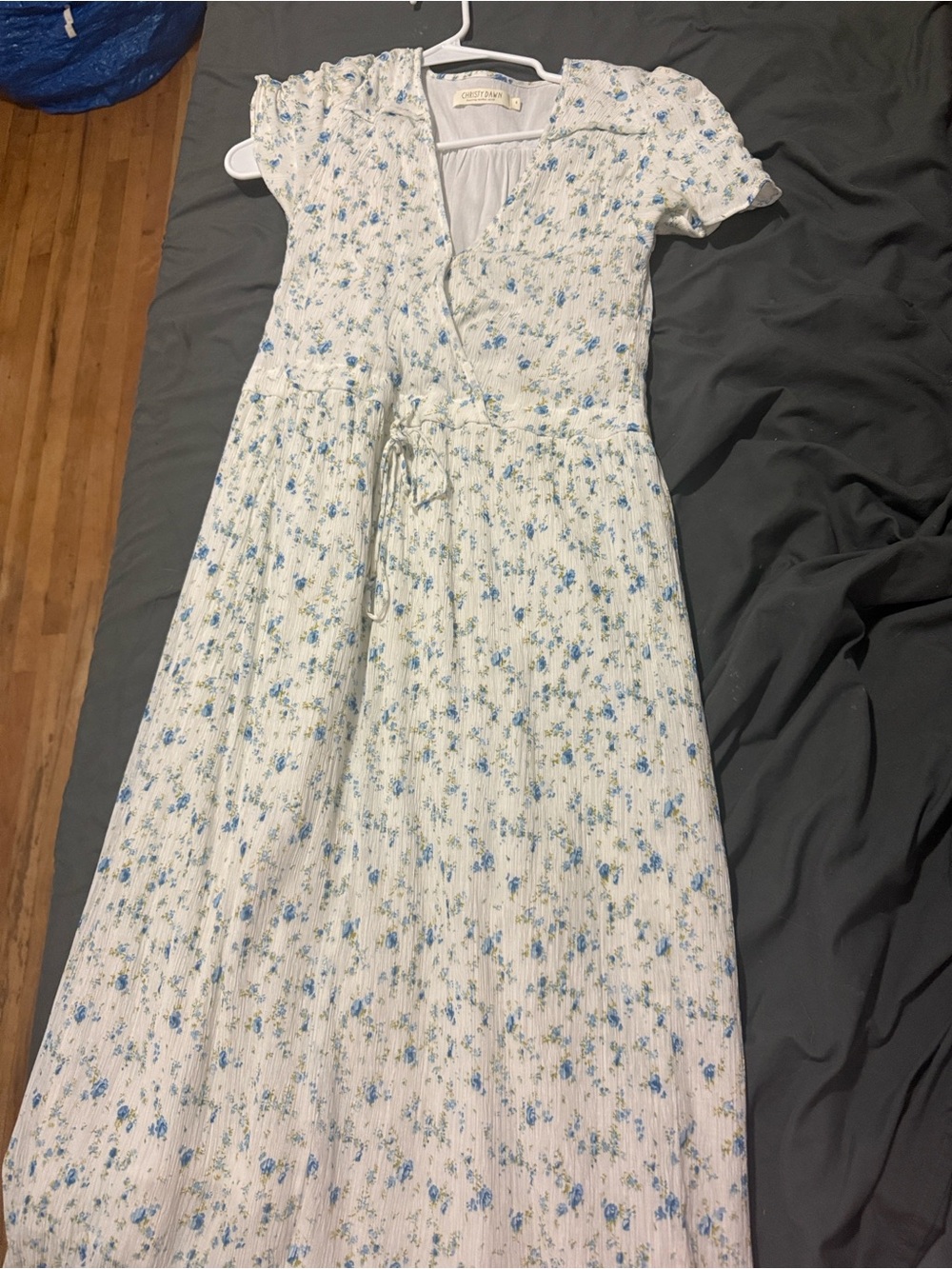 Christy Dawn White Floral Wrap Dress with Blue Blossoms - Picture 2 of 3